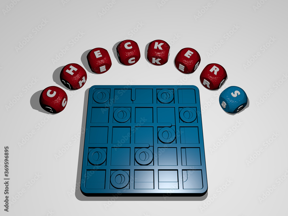 Poster 3d graphical image of checkers vertically along with text built around the icon by metallic cubic le
