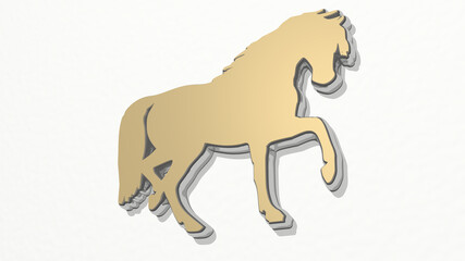 horse on the wall. 3D illustration of metallic sculpture over a white background with mild texture. animal and beautiful © Ali