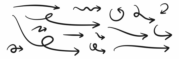 Hand drawn arrows doodle direction mark. Handmade sketch symbols set on a white background. vector illustration graphic design elements.