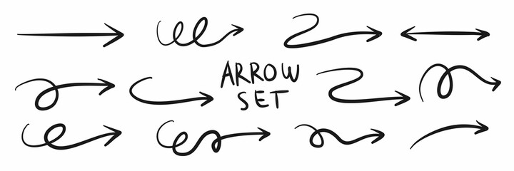 Hand drawn arrows doodle direction mark. Handmade sketch symbols set on a white background. vector illustration graphic design elements.
