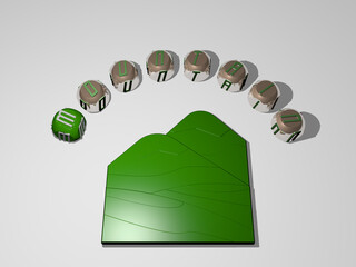 3D representation of mountain with icon on the wall and text arranged by metallic cubic letters on a mirror floor for concept meaning and slideshow presentation. landscape and beautiful