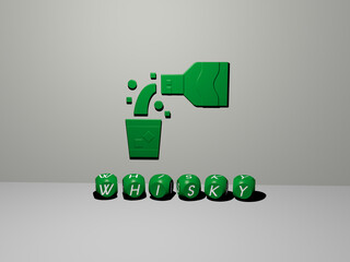 3D graphical image of WHISKY vertically along with text built by metallic cubic letters from the top perspective, excellent for the concept presentation and slideshows. alcohol and glass