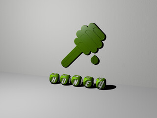 3D representation of HONEY with icon on the wall and text arranged by metallic cubic letters on a mirror floor for concept meaning and slideshow presentation. background and bee