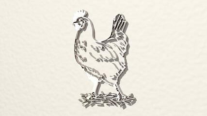 Fototapeta na wymiar chicken on the wall. 3D illustration of metallic sculpture over a white background with mild texture. food and cuisine