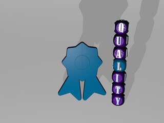 3D representation of quality with icon on the wall and text arranged by metallic cubic letters on a mirror floor for concept meaning and slideshow presentation. illustration and design