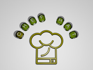 3D illustration of CHEF HAT graphics and text around the icon made by metallic dice letters for the related meanings of the concept and presentations. cook and cooking