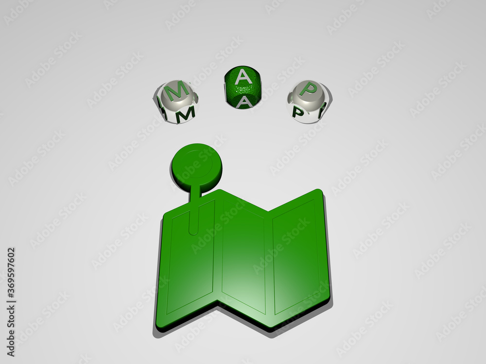 Poster 3d illustration of map graphics and text around the icon made by metallic dice letters for the relat