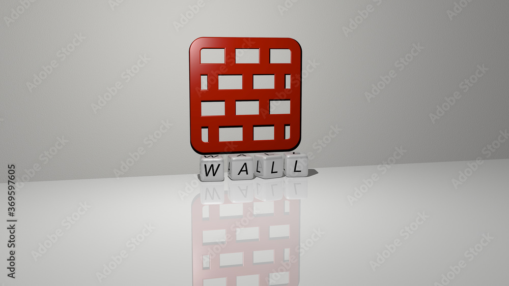 Poster 3d representation of wall with icon on the wall and text arranged by metallic cubic letters on a mir