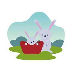 cute rabbits easter season characters with basket in camp