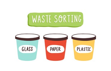 Containers for waste sorting with glass, paper and plastic vector flat illustration. Colorful buckets for garbage separation isolated. Eco friendly junk utilization and recycling. Environment safety