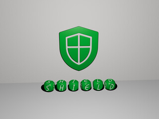 3D illustration of SHIELD graphics and text made by metallic dice letters for the related meanings of the concept and presentations. icon and design