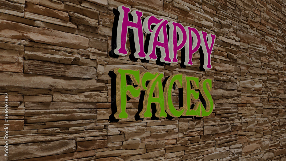 Aufkleber 3d graphical image of happy faces vertically along with text built by metallic cubic letters from th