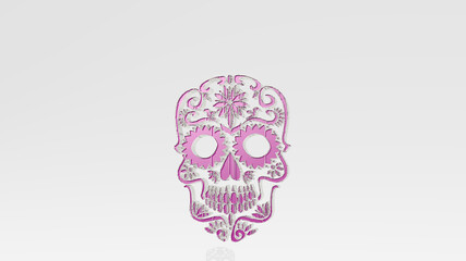 painted skull made by 3D illustration of a shiny metallic sculpture on a wall with light background. abstract and watercolor
