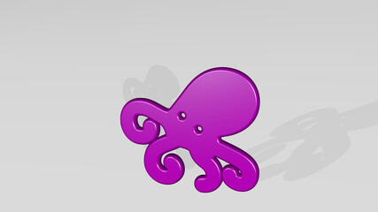 OCTOPUS stand with shadow. 3D illustration of metallic sculpture over a white background with mild texture. animal and cartoon