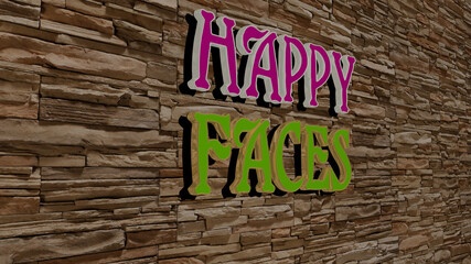 3D graphical image of HAPPY FACES vertically along with text built by metallic cubic letters from the top perspective, excellent for the concept presentation and slideshows. background and