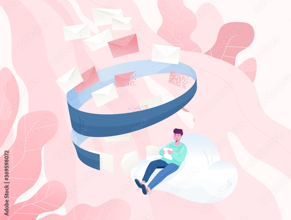 Poster Relaxed man sitting on cloud and reading paper letter vector illustration. Guy check incoming correspondence. Verification inbox message, email filtering, anti-spam software concept