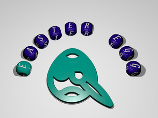 3D graphical image of EASTER EGG vertically along with text built around the icon by metallic cubic letters from the top perspective, excellent for the concept presentation and slideshows.