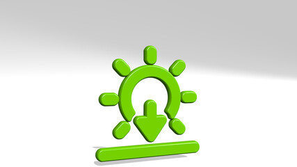 day sunset from a perspective with the shadow. A thick sculpture made of metallic materials of 3D rendering. beautiful and background