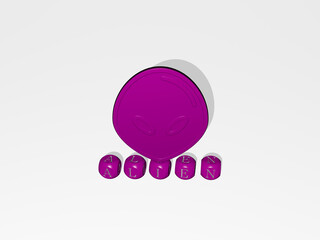 3D graphical image of alien vertically along with text built by metallic cubic letters from the top perspective, excellent for the concept presentation and slideshows. illustration and background