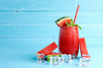 Drinks for the healthy of summer. Smoothie drinks cold watermelon on blue wooden background.