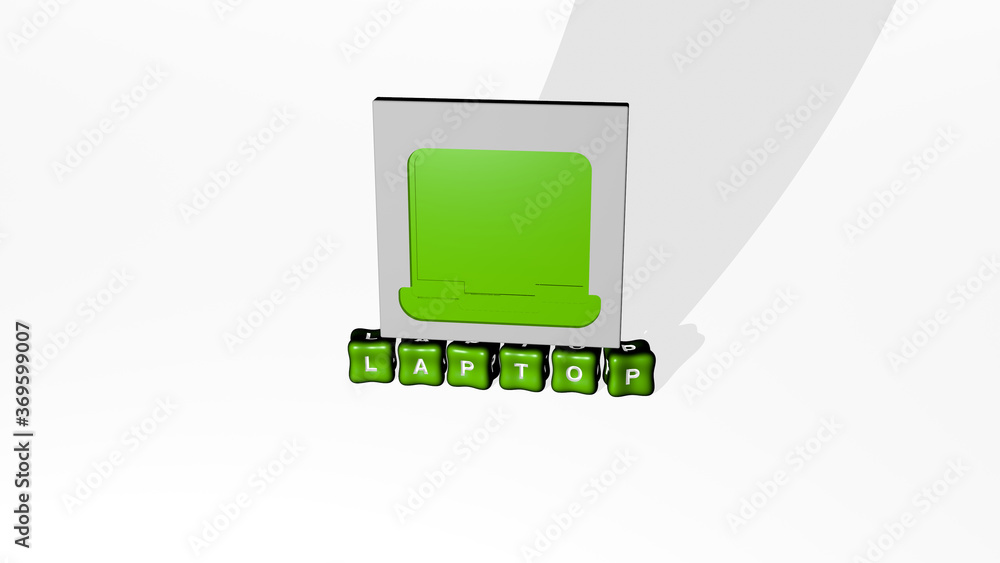 Poster 3d representation of laptop with icon on the wall and text arranged by metallic cubic letters on a m
