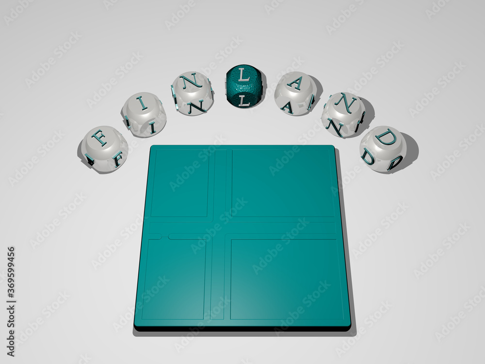 Poster 3D graphical image of FINLAND vertically along with text built around the icon by metallic cubic letters from the top perspective, excellent for the concept presentation and slideshows. europe and