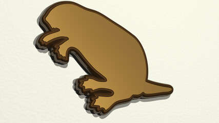 beaver made by 3D illustration of a shiny metallic sculpture on a wall with light background. animal and cartoon
