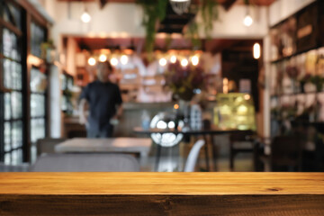 Cafe Bistro with Empty wood table for product display montage.