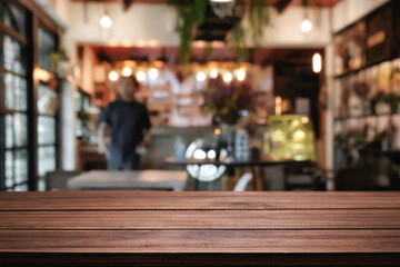 Cafe Bistro with Empty wood table for product display montage.