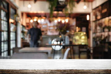 Cafe Bistro with Empty wood table for product display montage.