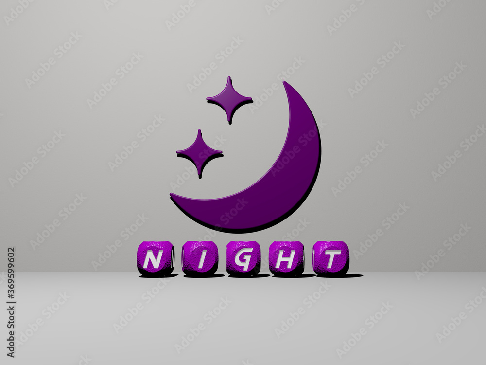 Poster 3d representation of night with icon on the wall and text arranged by metallic cubic letters on a mi