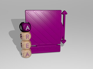 3D graphical image of AREA vertically along with text built around the icon by metallic cubic letters from the top perspective. excellent for the concept presentation and slideshows. background and
