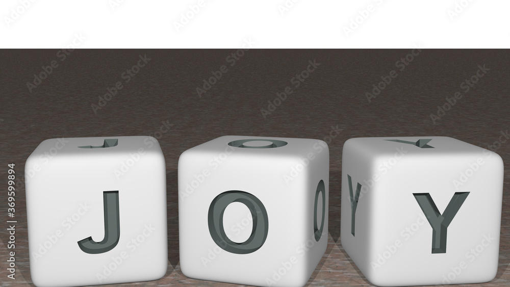 Aufkleber joy built by dice letters and color crossing for the related meanings of the concept by 3d rendering