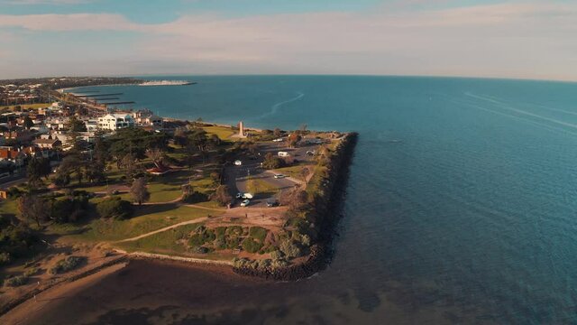 Brighton Beach Gardens Hampton View Sandringham Marina Beachside Melbourne Australia Aerial Video Sunny Morning Reveal Green Point Horizon Bay Blue Water Drone Park Bayside 2020