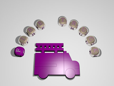 3D representation of fire truck with icon on the wall and text arranged by metallic cubic letters on a mirror floor for concept meaning and slideshow presentation. illustration and background