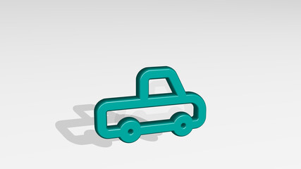 CAR TRUCK from a perspective with the shadow. A thick sculpture made of metallic materials of 3D rendering. illustration and auto