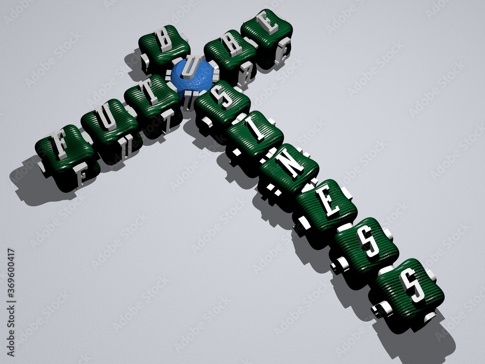 Poster future business combined by dice letters and color crossing for the related meanings of the concept.