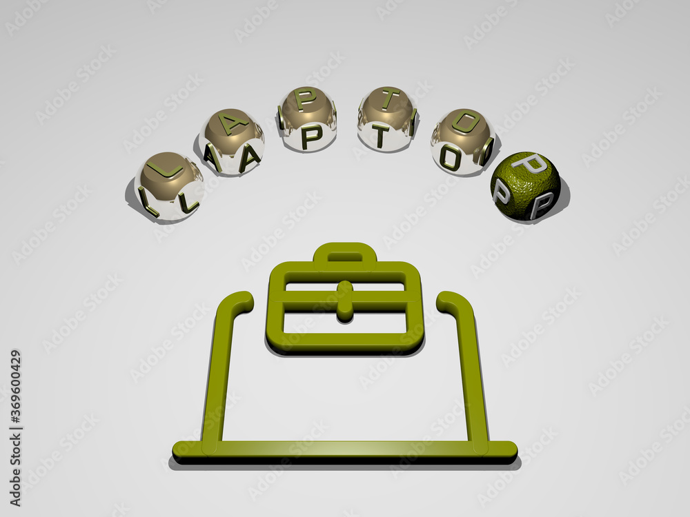 Poster 3d representation of laptop with icon on the wall and text arranged by metallic cubic letters on a m