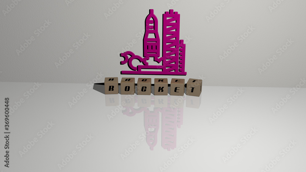 Aufkleber 3d representation of rocket with icon on the wall and text arranged by metallic cubic letters on a m