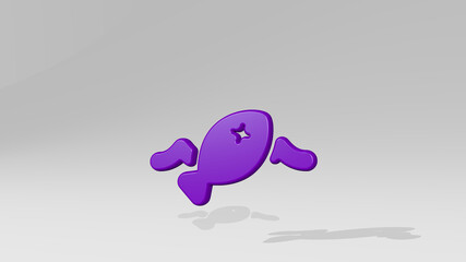 pollution fish alternate stand with shadow. 3D illustration of metallic sculpture over a white background with mild texture. air and concept