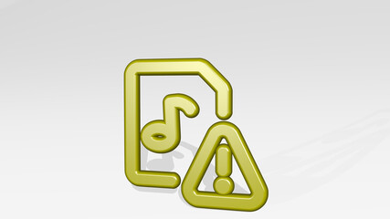 audio file warning stand with shadow. 3D illustration of metallic sculpture over a white background with mild texture. music and design
