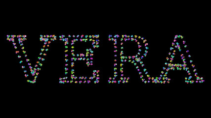 vera written in 3D illustration by colorful small objects casting shadow on a black background. aloe and care