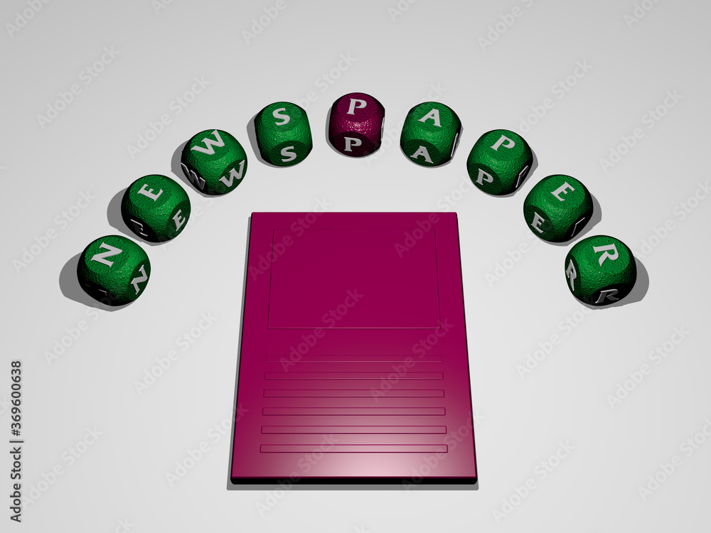Poster 3d graphical image of newspaper vertically along with text built around the icon by metallic cubic l