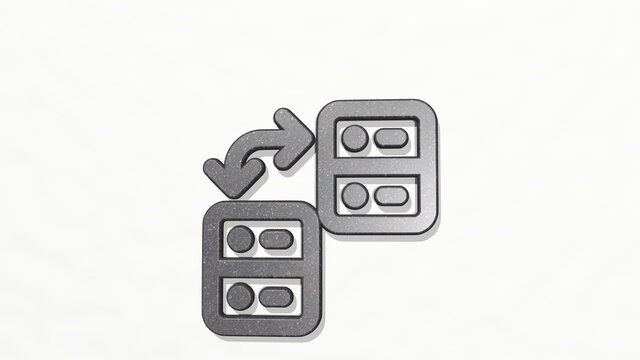server server exchange made by 3D illustration of a shiny metallic sculpture on a wall with light background. data and computer