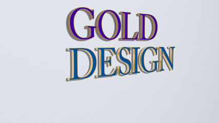 Fototapeta na wymiar 3D representation of gold design with icon on the wall and text arranged by metallic cubic letters on a mirror floor for concept meaning and slideshow presentation. background and illustration