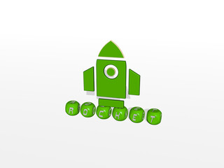 3D illustration of ROCKET graphics and text made by metallic dice letters for the related meanings of the concept and presentations. space and background