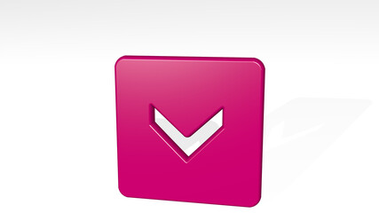 ARROW RECTANGLE DOWN from a perspective with the shadow. A thick sculpture made of metallic materials of 3D rendering. illustration and background