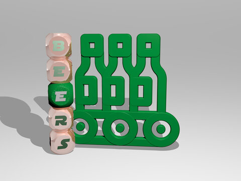 3D illustration of BEERS graphics and text around the icon made by metallic dice letters for the related meanings of the concept and presentations. alcohol and background