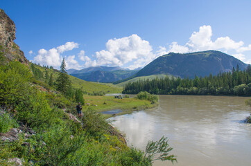 Naklejka na ściany i meble Mountain river Chuya among the Altai mountains in Russia landscape 