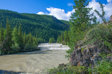 Mountain river Chuya among the Altai mountains in Russia landscape
